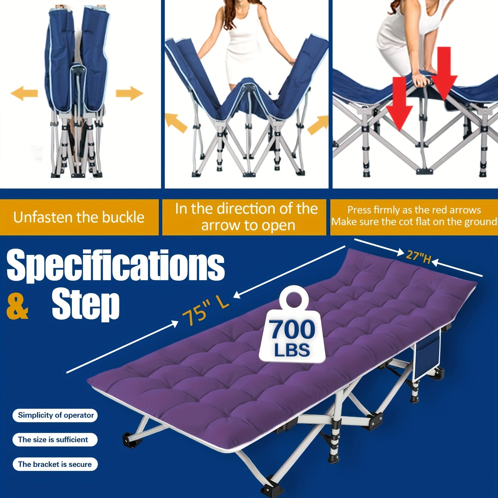 Folding Camping Cot with Mattress XXL Oversize 75"-79" Heavy Duty 700-900 LBS – Portable Guest Bed & Sleeping Cot with Carry Bag for Camping, Travel, Indoor & Outdoor Use