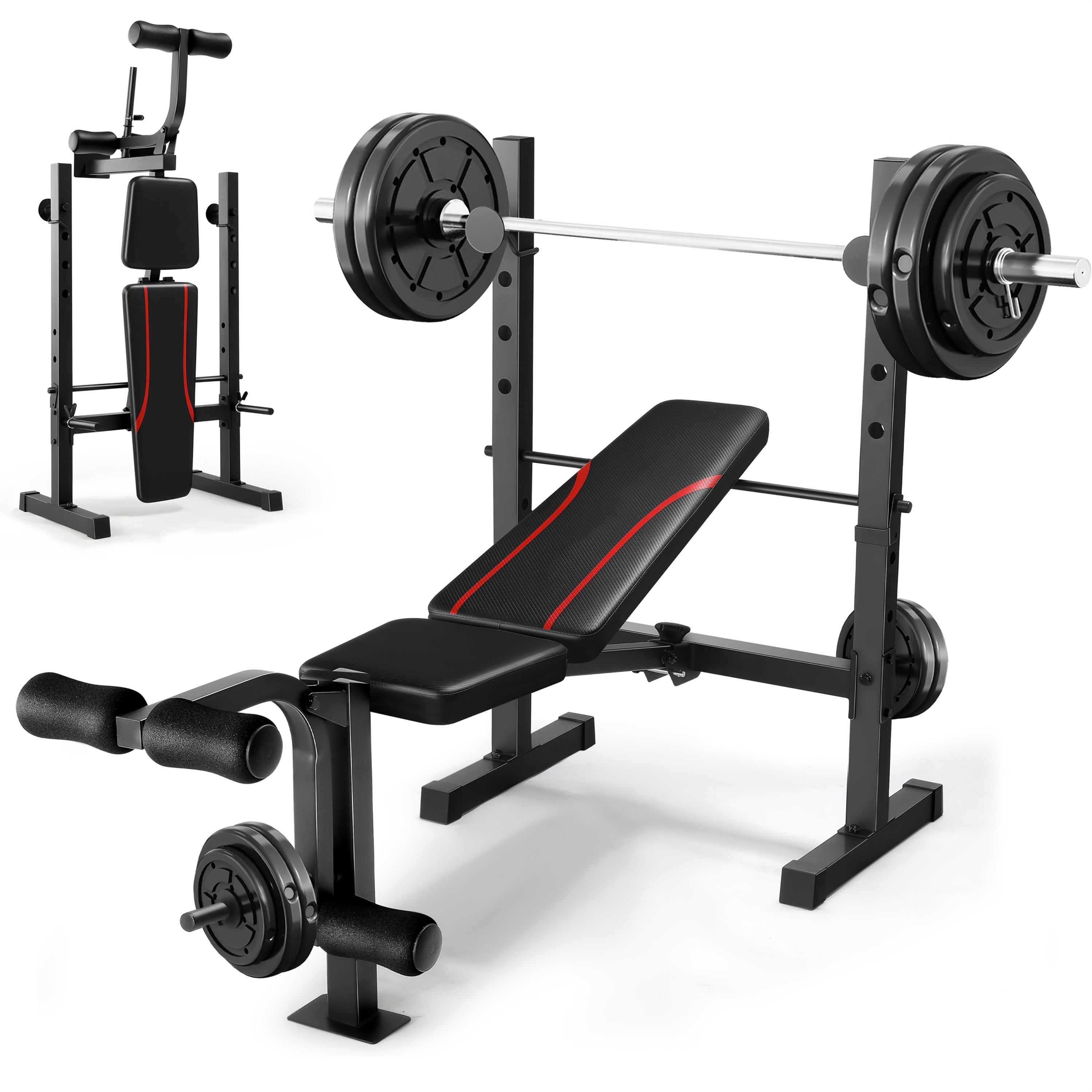 Weight Bench Set with Squat Rack – Adjustable Foldable Workout Bench Press, Leg Developer & Preacher Curl Pad for Home Gym Full Body Training | 800–1200 LBS Capacity | Black, Red, Pink