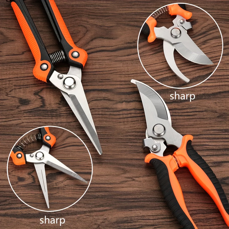 Garden Pruning Shears Set 6-Piece - Stainless Steel Bypass Pruners, Ergonomic Non-Slip Handles, Fruit Picker Branch Cutter Lawn Trimming Tree Care Kit for Men Women