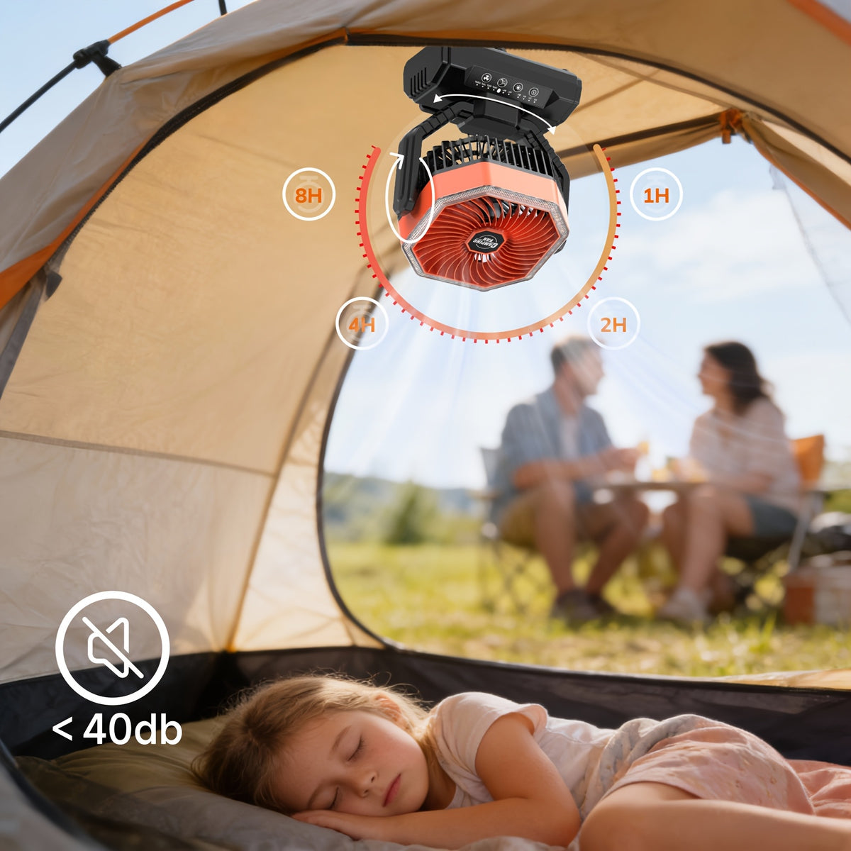 20000mAh Portable Camping Fan 180° Oscillating 4-Speed Brushless Motor LED Light 22-26H Battery USB Rechargeable for Camping Hiking Picnic Emergency Gray Pink Green Black Orange