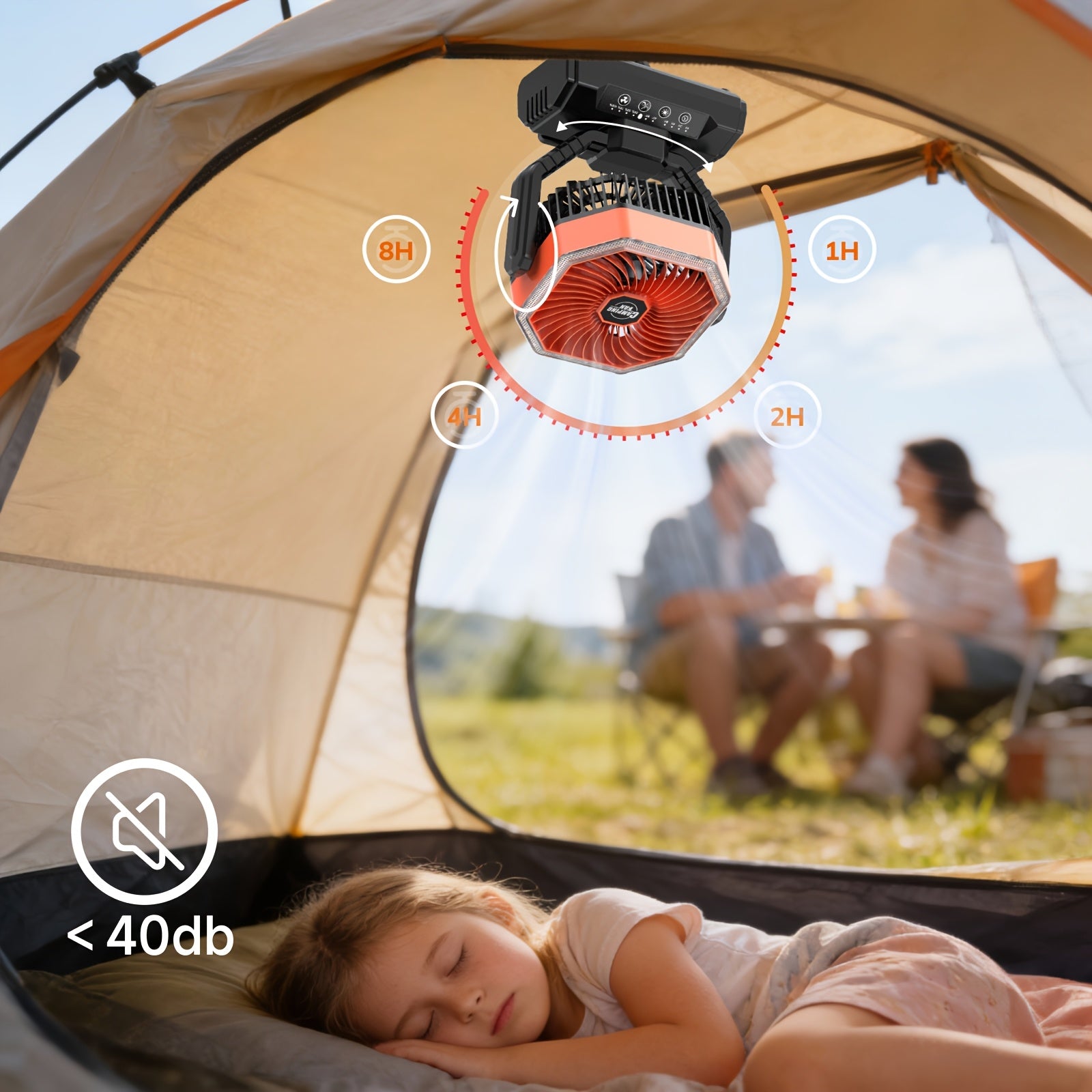 20000mAh Portable Camping Fan 180° Oscillating 4-Speed Brushless Motor LED Light 22-26H Battery USB Rechargeable for Camping Hiking Picnic Emergency Gray Pink Green Black Orange