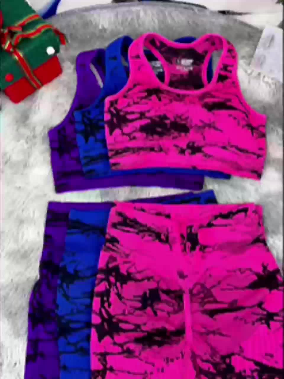 Women's Tie-Dye Seamless Sports Bra & Shorts Set – Belly Support Stretch Activewear Suit for Gym Yoga Fitness Red Blue Purple Dark Brown S M L XL