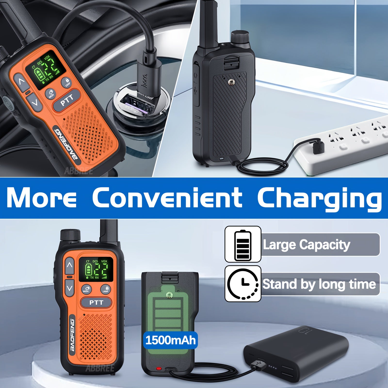 Baofeng Walkie Talkies 2 Pack 22 FRS Channels LCD Display VOX Hands-Free USB-C Rechargeable Built-In Flashlight – Long Range Two Way Radio for Hiking Camping Family Outdoor Adults