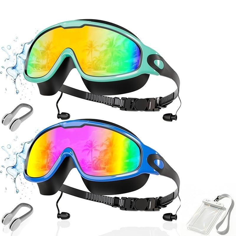 Swimming Goggles Wide View Anti-Fog No-Leak with Mirrored Lens, Earplugs & Nose Clip – UV Protection Swim Goggles for Adults, Men, Women & Youth, Triathlon & Pool
