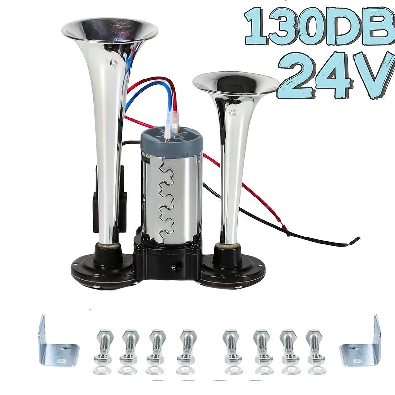 Air Horn Kit 12V 24V Ultra Loud 105-137dB Dual Trumpet Horn with Air Compressor for Truck SUV Motorcycle Boat Train Car Pickup Aluminum Alloy Universal