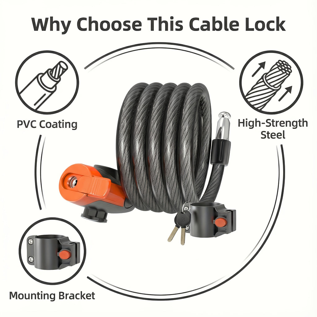 Bicycle Cable Lock 12mm Thick 49-Inch Heavy-Duty Anti-Theft Bike Lock with Keys Waterproof Mounting Bracket for Mountain Road Electric Bikes Black