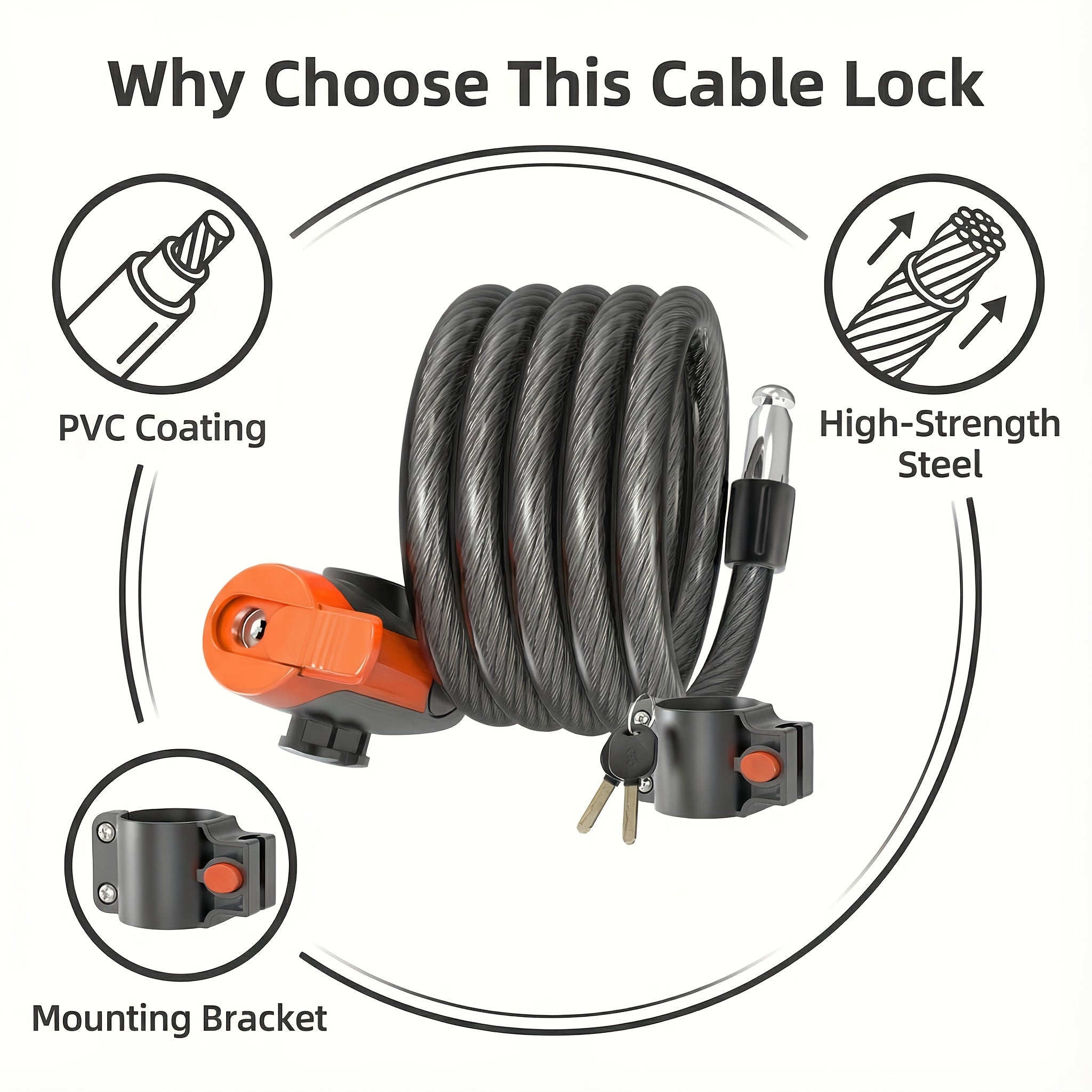 Bicycle Cable Lock 12mm Thick 49-Inch Heavy-Duty Anti-Theft Bike Lock with Keys Waterproof Mounting Bracket for Mountain Road Electric Bikes Black