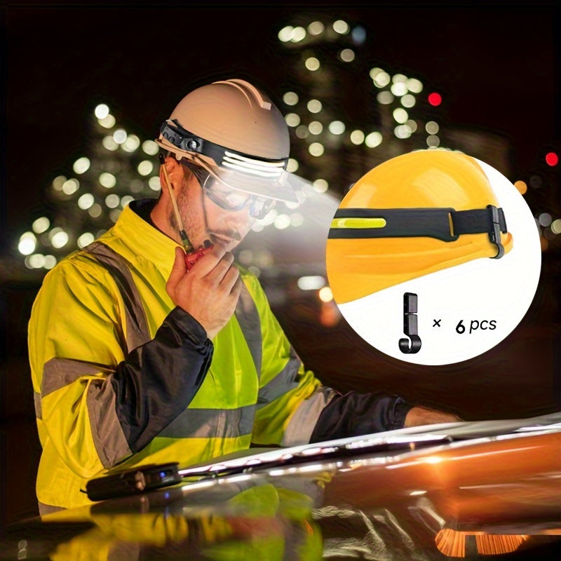 Rechargeable Headlamp 3-Pack COB LED 230° Wide Beam 5 Modes Motion Sensor USB Headlamps for Adults Camping Hiking Work Hard Hat with 6 Hooks