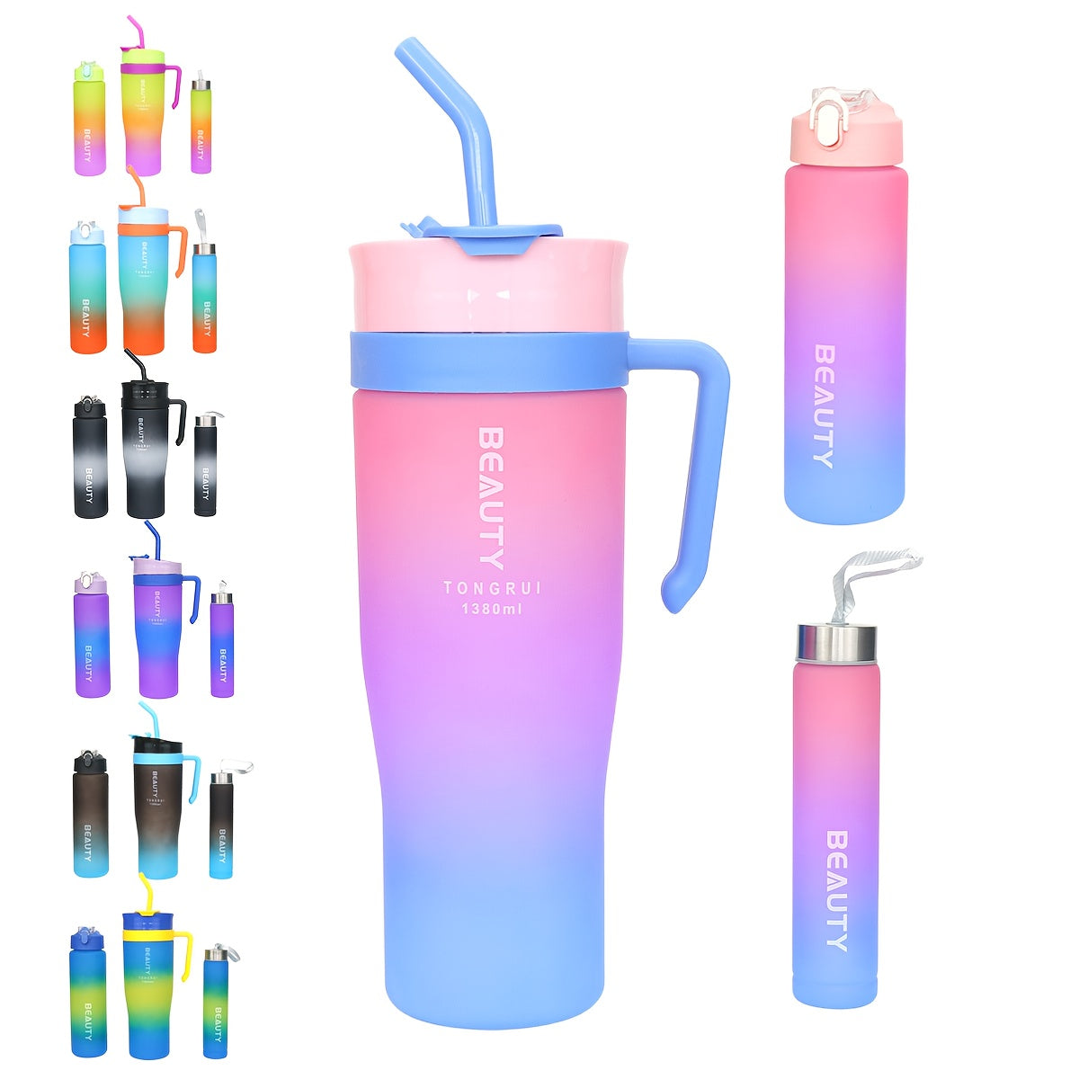 5-Piece Gradient Water Bottle Set 46oz 27oz 9oz with Straw Spill-Proof Lid & Stickers - BPA-Free Leak-Proof Plastic Sports Bottles for Gym Travel Outdoor Car Cup Holder - Gift Set