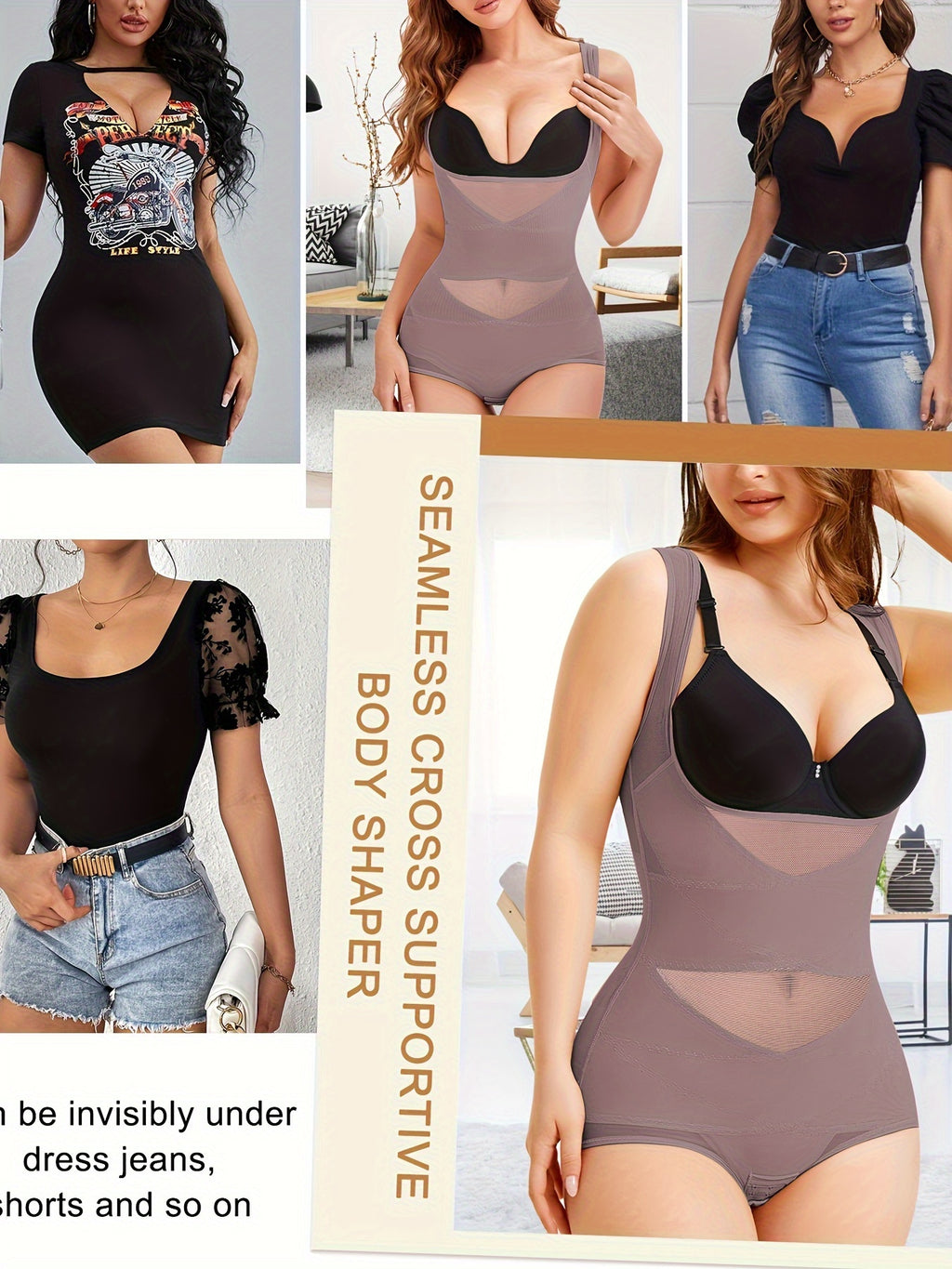 Women's Shapewear Bodysuit with Tummy Control – High-Waist Butt Lifter, U-Shape Push Up, Wide Straps, Breathable Nylon Body Shaper, 5 Colors, Sizes S-XXL