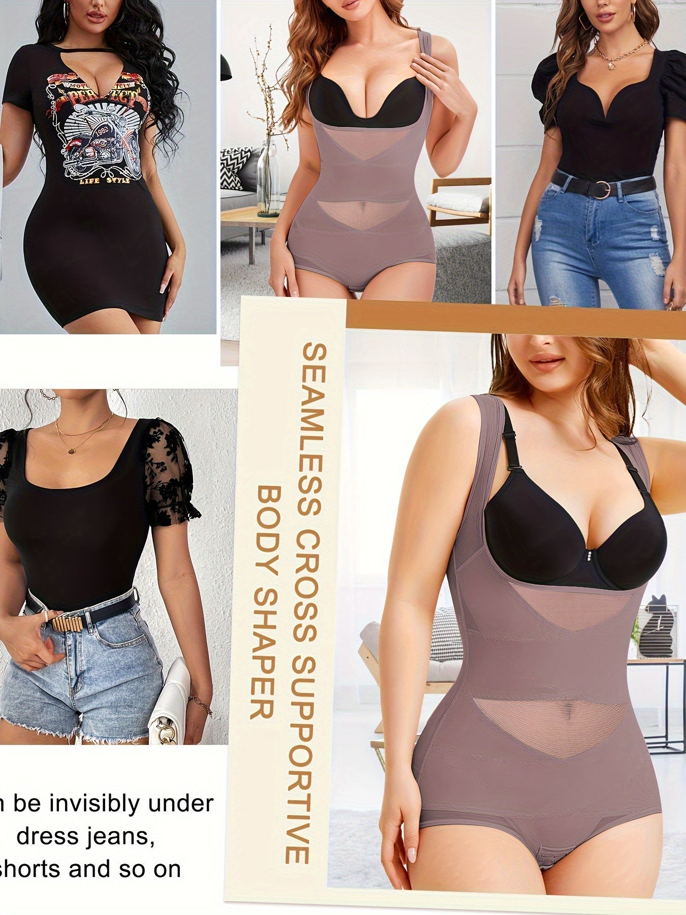 Women's Shapewear Bodysuit with Tummy Control – High-Waist Butt Lifter, U-Shape Push Up, Wide Straps, Breathable Nylon Body Shaper, 5 Colors, Sizes S-XXL