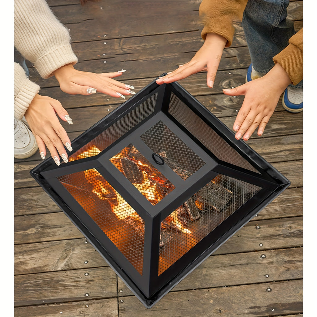18.5 Inch Outdoor Fire Pit Heavy Duty Iron BBQ Grill with Combustion Grate, Ash Collector, Fireproof Cover & Charcoal Hook - Backyard Wood Burning Fire Bowl for Camping, Picnics, Patio, Thanksgiving