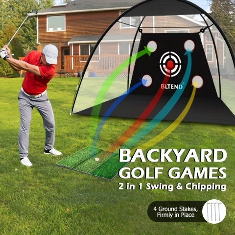 Golf Practice Net with Mat Set 10x7ft – Heavy Duty Backyard Hitting Net with 3-in-1 Turf Mat, Golf Balls & Carry Bag for Indoor & Outdoor Training