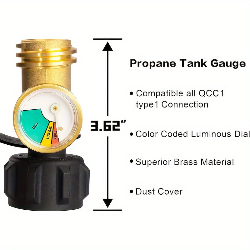 Propane Tank Gauge Level Indicator & Leak Detector – QCC1 Type 1, Fits 5-40LB Tanks, Color-Coded Dial for BBQ Grill, RV, Camper, Fire Pit & Camping Stove