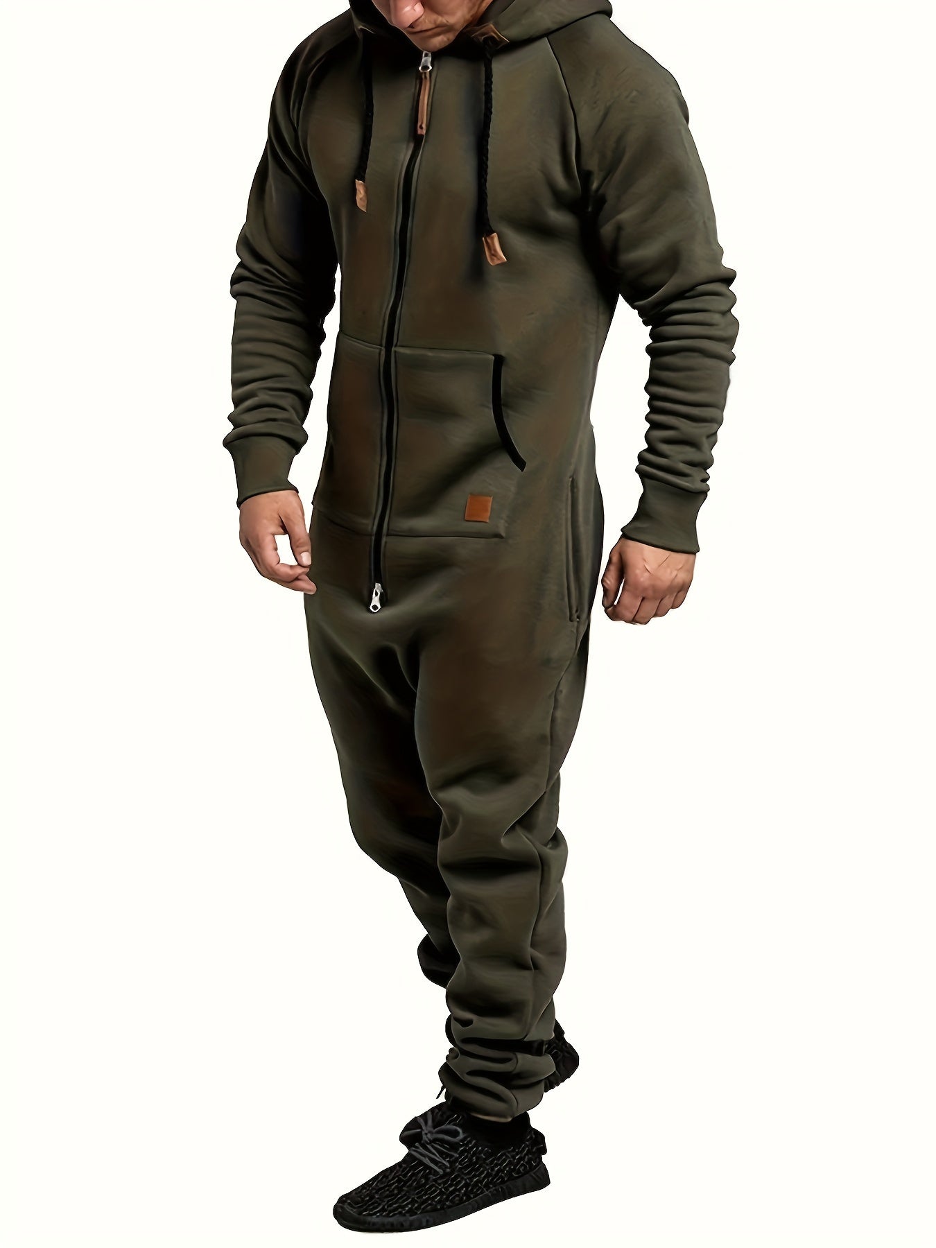 Men's Hooded Fleece Lined Jumpsuit Full Zip – Long Sleeve One Piece Romper with Kangaroo Pocket for Casual Sports Travel Fall Winter, Black Fern Green Red, S-XXXL