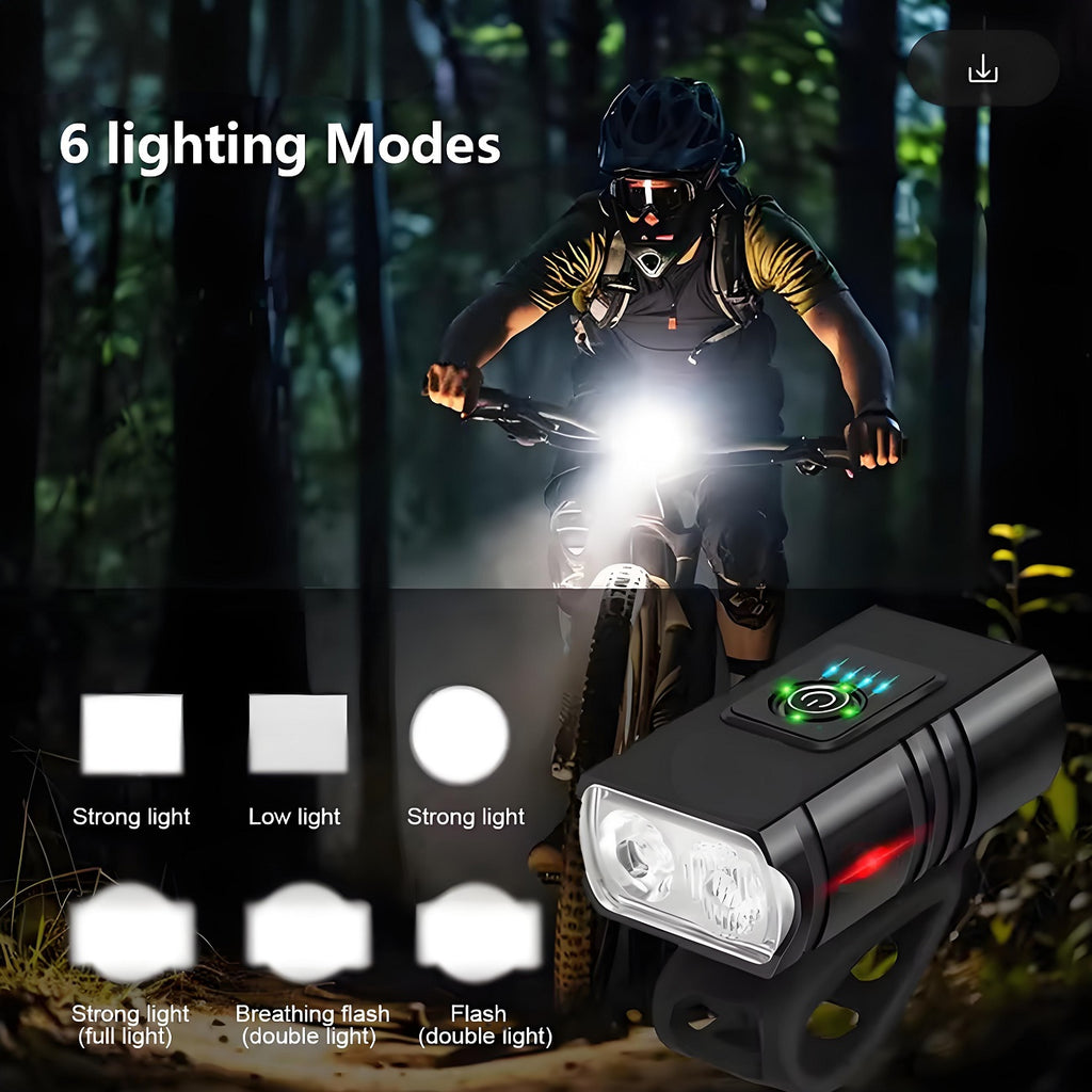LED Bike Light Set 2pcs USB Rechargeable 1500 Lumen Headlight with Whistle 6 Front Modes 4 Tail Modes Power Display Waterproof Safety Bicycle Lights for Night Riding