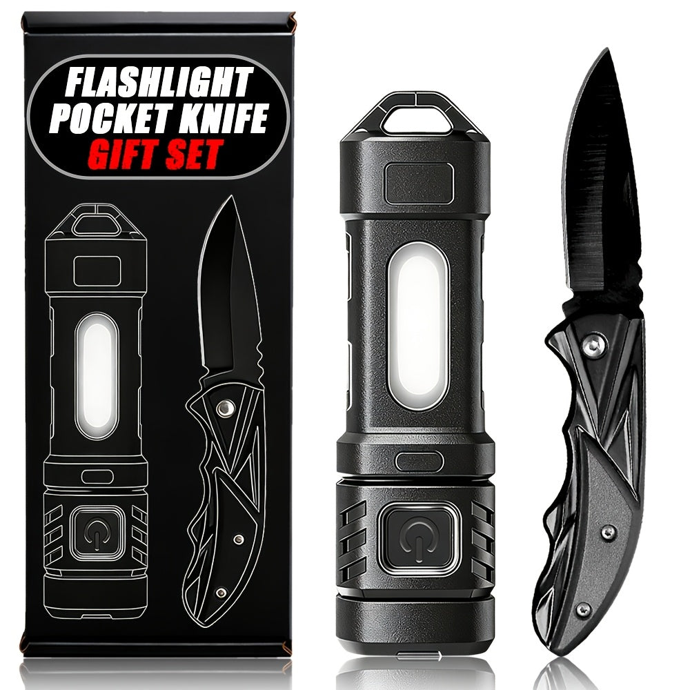 1000 Lumen Tactical Flashlight & Pocket Knife 2-Piece Survival Set – USB Rechargeable 250M Beam 4-Mode Aluminum Flashlight + Clip Knife for Camping Hiking Fishing Emergency EDC