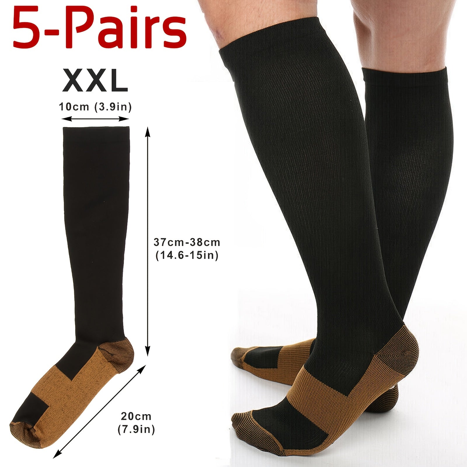 Compression Sport Socks 5 Pairs Unisex Nylon Elastic Enhanced Endurance for Running Cycling Hiking Training All-Day Athletics M-XXL