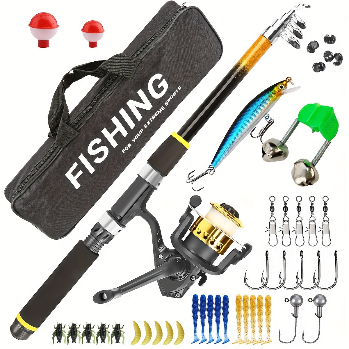 Fishing Rod and Reel Combo Beginner Starter Kit Telescopic Spinning Rod with Hard Soft Baits Accessories Box Bag Ambidextrous 70-83 Inch