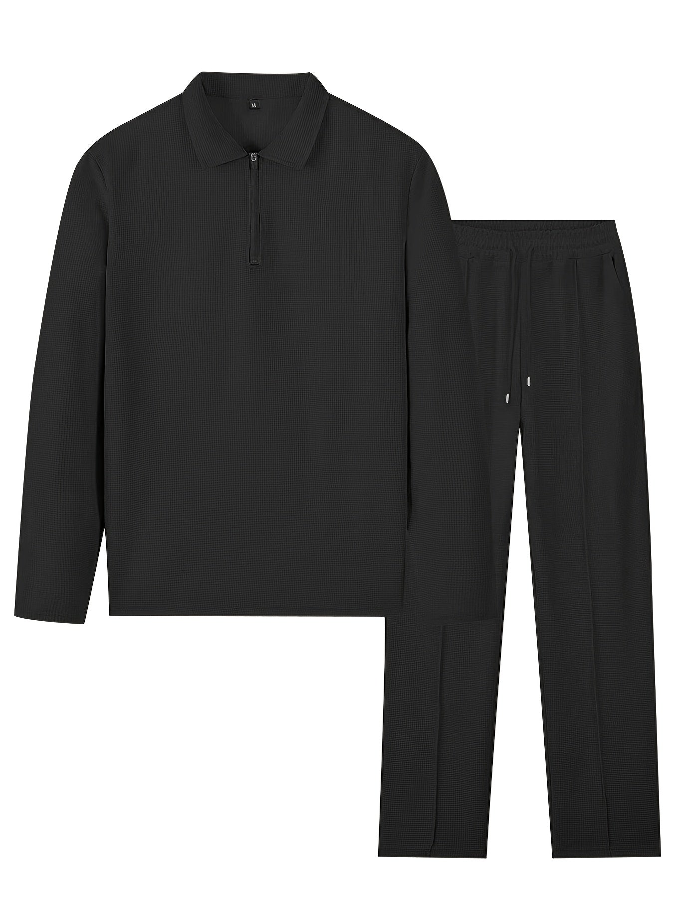 Men's Waffle Long Sleeve Set – 2-Piece Sports & Leisure Tracksuit with Pants, Breathable Polyester Knit, Regular Fit for Spring Autumn Daily Wear, M-XXXL