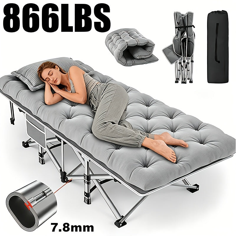 Portable Folding Camping Bed with Side Pockets - 60/75 Inch Heavy-Duty Cot 666/866 lb Capacity - Easy-Store Guest Bed for Camping Patio Office Guest Room - Folding Cot with Optional Mattress