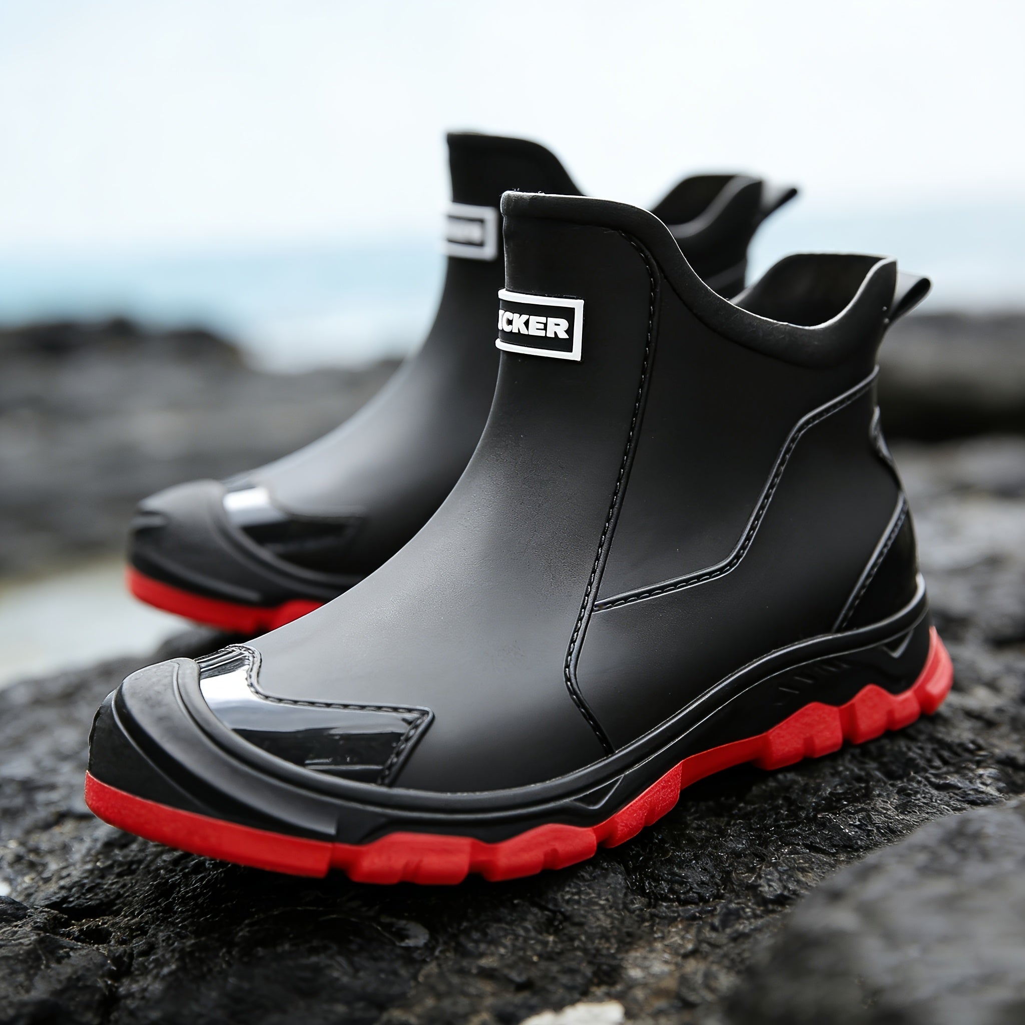 Non-Slip Rain Boots Short Ankle – Lightweight Waterproof Outdoor Boots, Cushioned Insole, Breathable Lining, Textured Sole for Car Wash, Hiking & Outdoor Activities | Unisex | Black, Beige | US 5.5–12