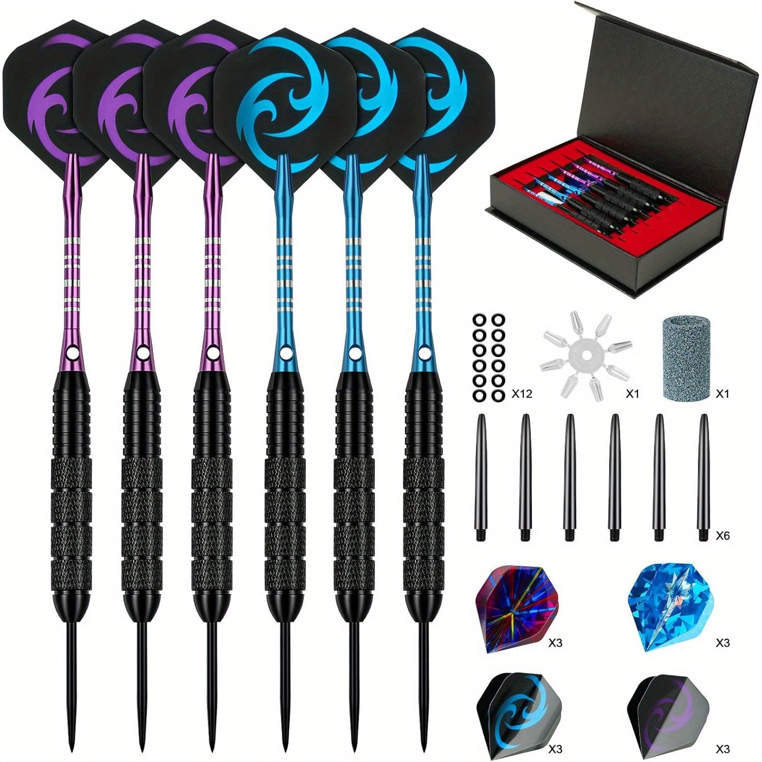 Steel Tip Darts Gift Set with Dart Flights Aluminum Alloy Shaft Skull Wings Indoor Outdoor Bar Club Game Competition Gift Box 6 or 12 Pack