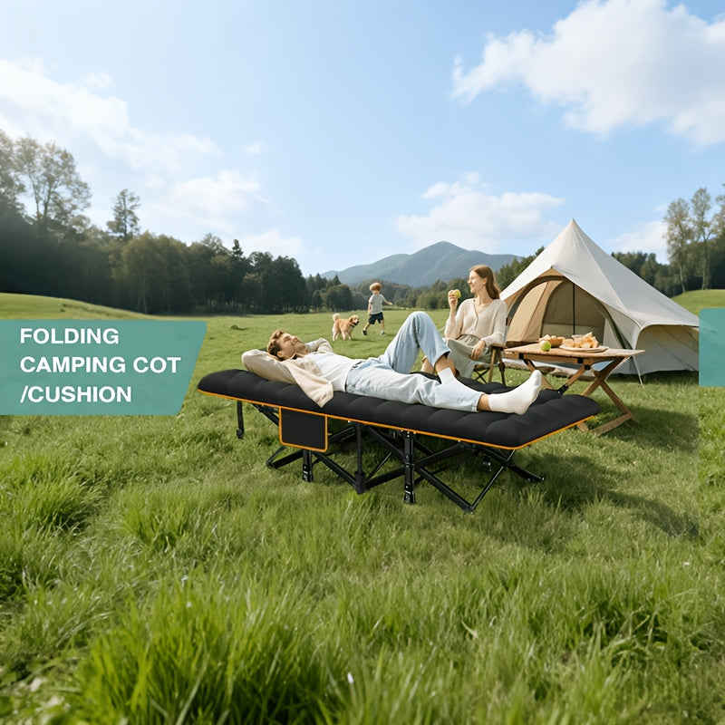 Portable Folding Camping Bed with Side Pockets - 60/75 Inch Heavy-Duty Cot 666/866 lb Capacity - Easy-Store Guest Bed for Camping Patio Office Guest Room - Folding Cot with Optional Mattress