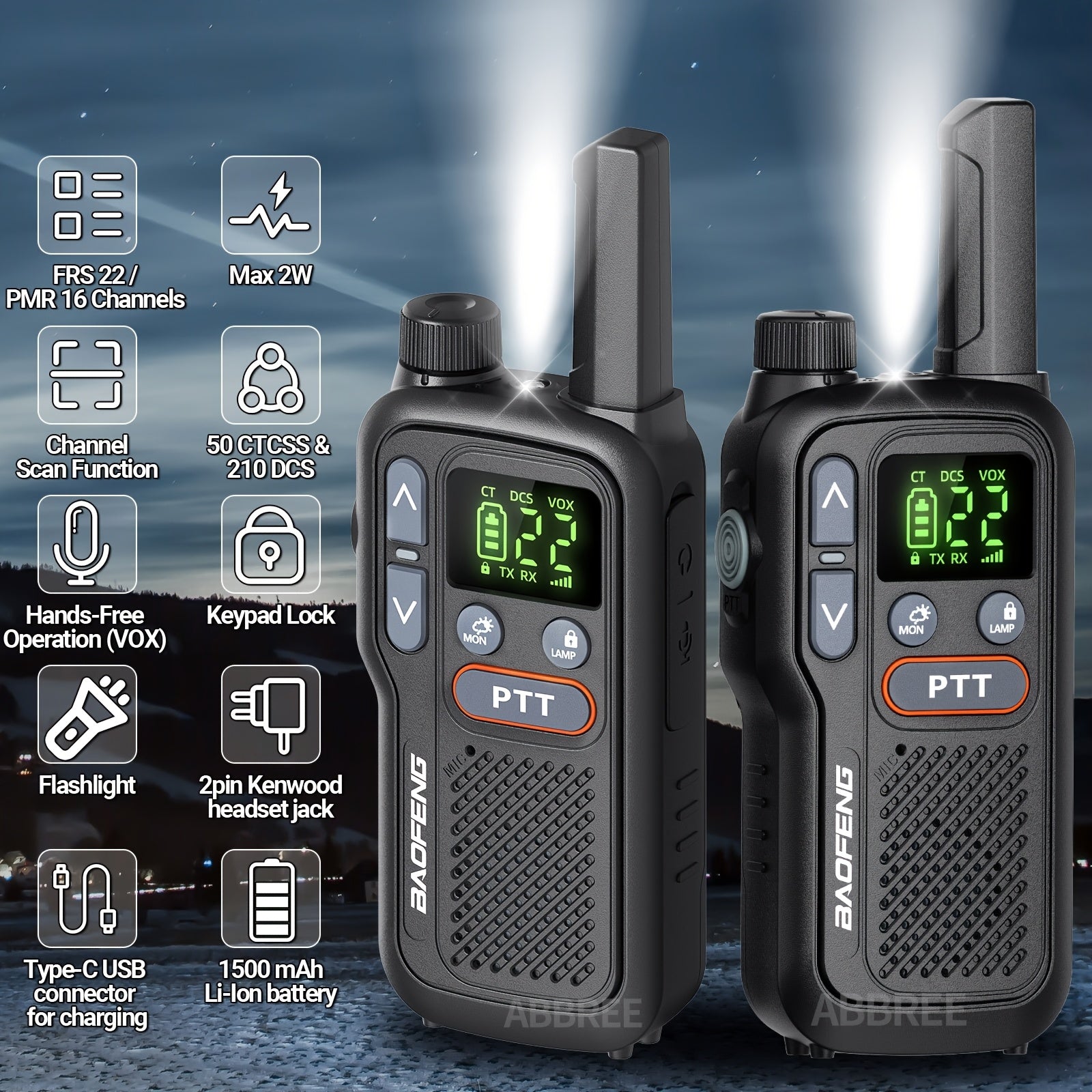 Long Range Walkie Talkies for Adults BF-T18 FRS Two Way Radio Rechargeable 1500mAh USB-C NOAA VOX LED Flashlight Hiking Camping