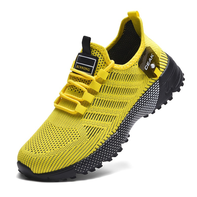 Men's Running Sneakers Breathable Mesh Non-Slip Low-Top Athletic Shoes – Lightweight Casual Sports Shoes for Gym Jogging Daily Wear, Black Grey Yellow, US 6.5-13.5