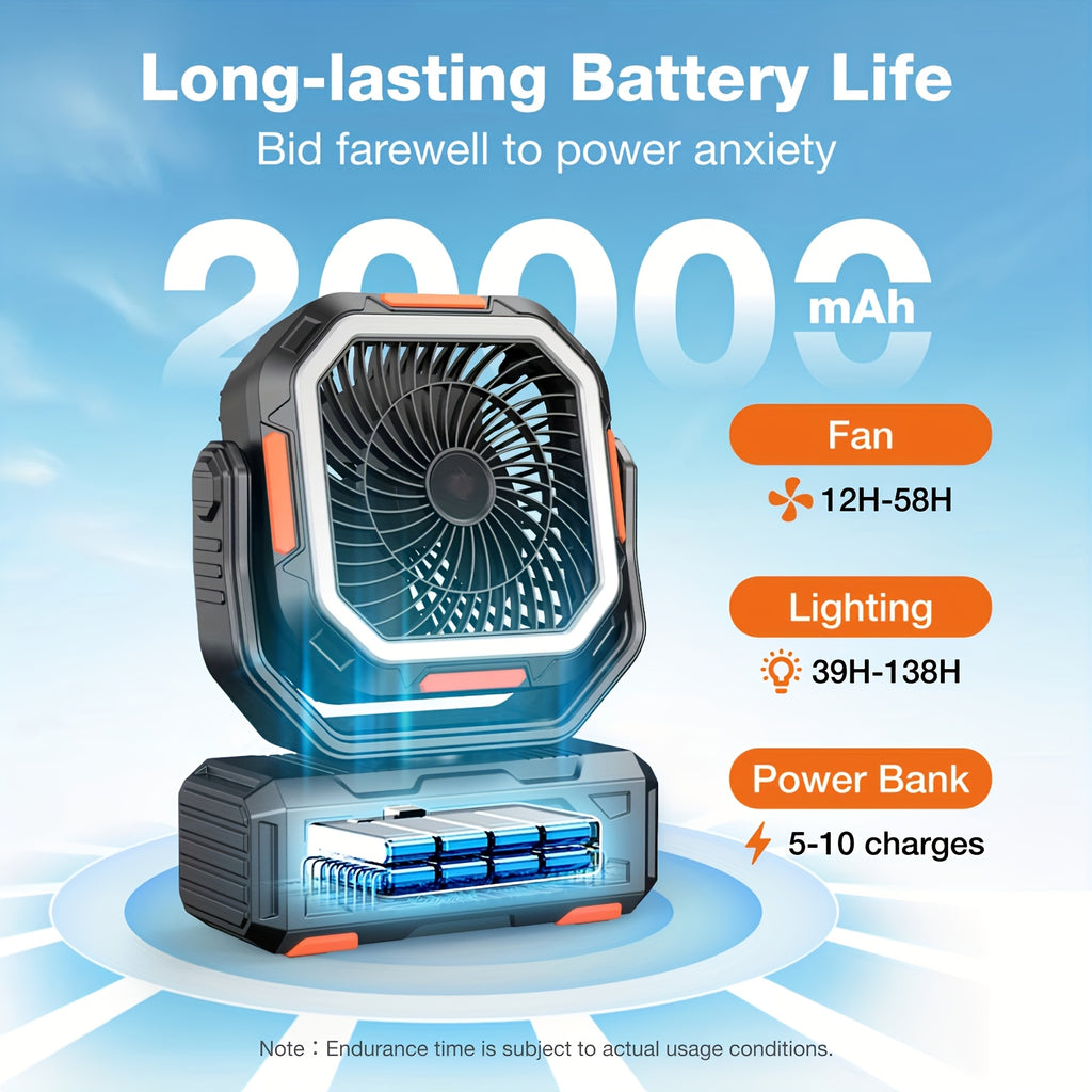 20000mAh Portable Camping Fan with Remote & Oscillation – 4-Speed Rechargeable Battery Fan with LED Lantern for Tent, Car, RV, Travel & Emergency Power Outage, 138-Hour Runtime