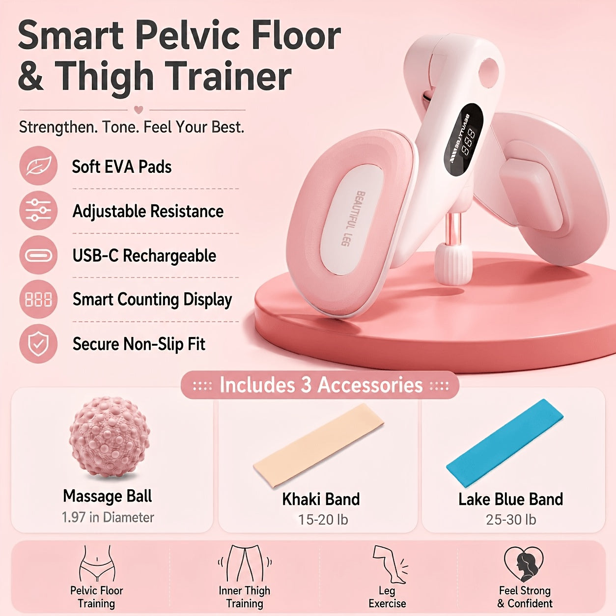Pelvic Floor Trainer Hip & Thigh Toner with Rep Counter – Adjustable Resistance Inner Thigh Glute Exerciser for Women Home Fitness Postpartum Recovery – With Massage Ball & Resistance Bands