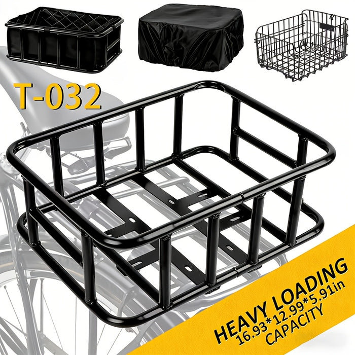 Rear Bike Basket Heavy Duty Iron Large Removable Folding, Bicycle Rear Mount Basket for Most Bikes & Ebikes, Black Frame Cargo Basket for Groceries Vegetables Pets, Commuter Cycling Accessory