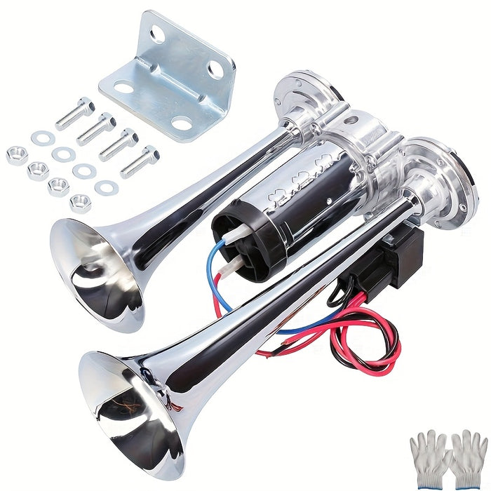 Air Horn Kit 12V 24V Ultra Loud 105-137dB Dual Trumpet Horn with Air Compressor for Truck SUV Motorcycle Boat Train Car Pickup Aluminum Alloy Universal
