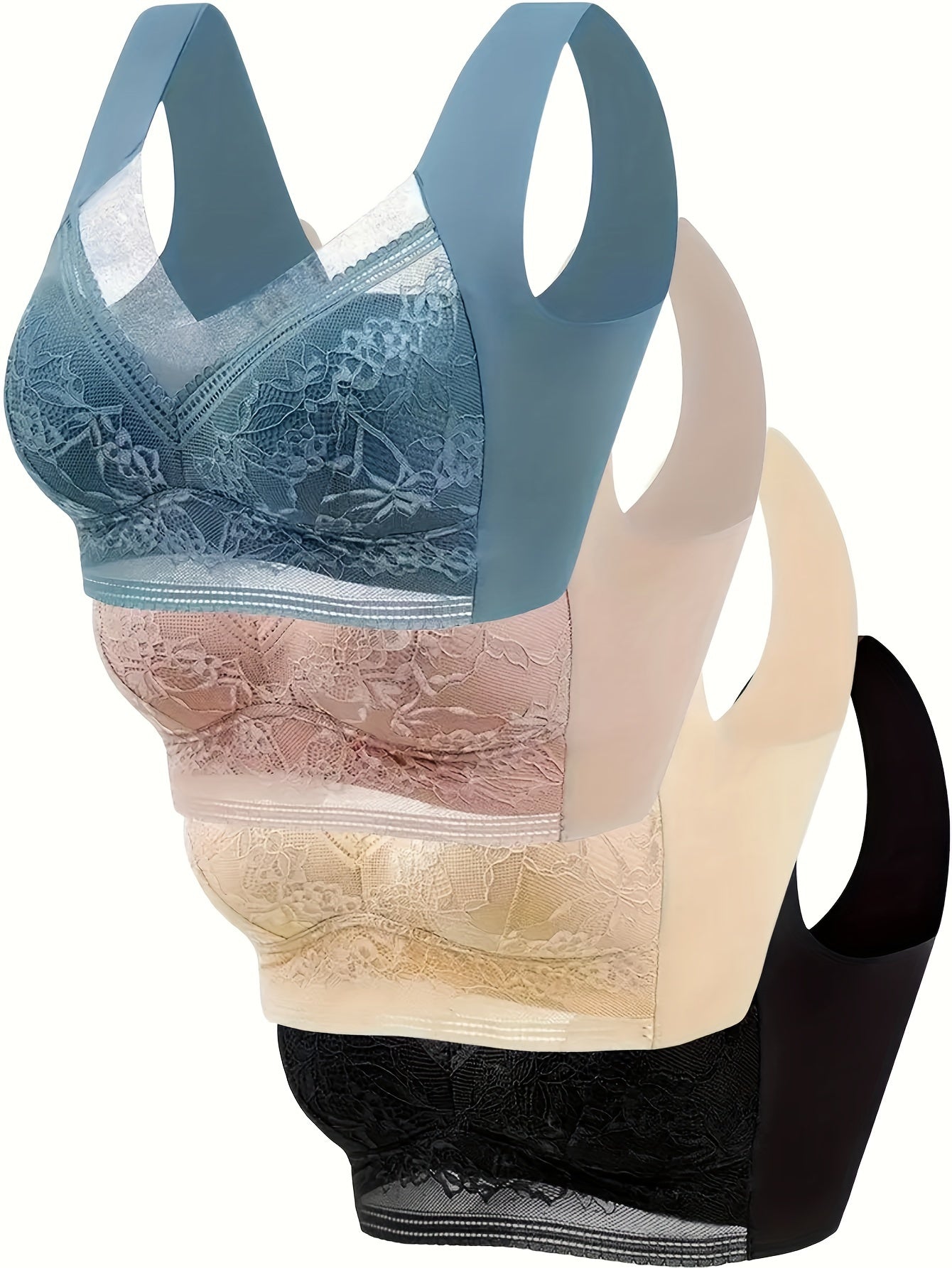 4-Pack Women's Lace Sports Bra Vest – Ice Silk Traceless Bralette with Beautiful Lace Back, Fixed Cup Support for Large Chest, Breathable Gathered Design, Sizes S-XXL