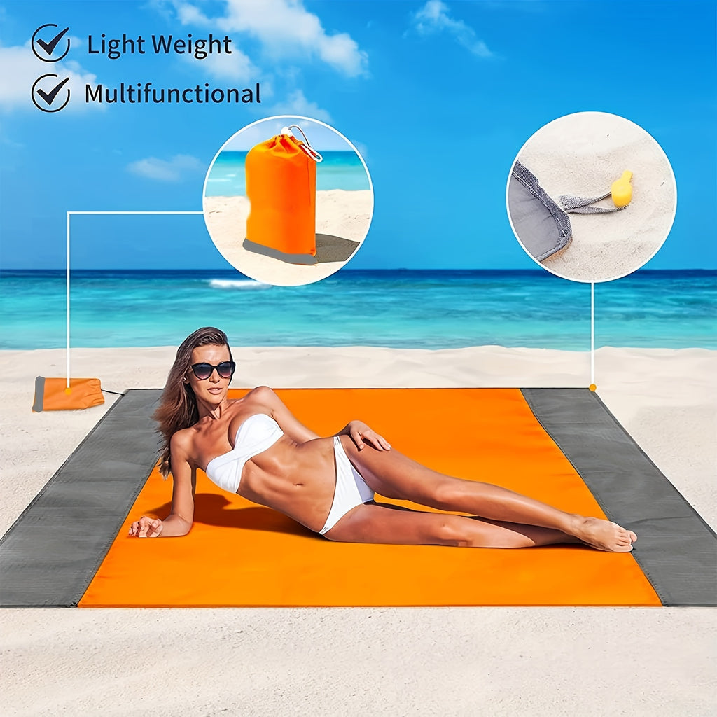 Sandproof Beach Blanket Foldable Mat with 4 Corner Stakes – Lightweight Portable Outdoor Blanket for Beach, Camping, Hiking, Travel & Picnic