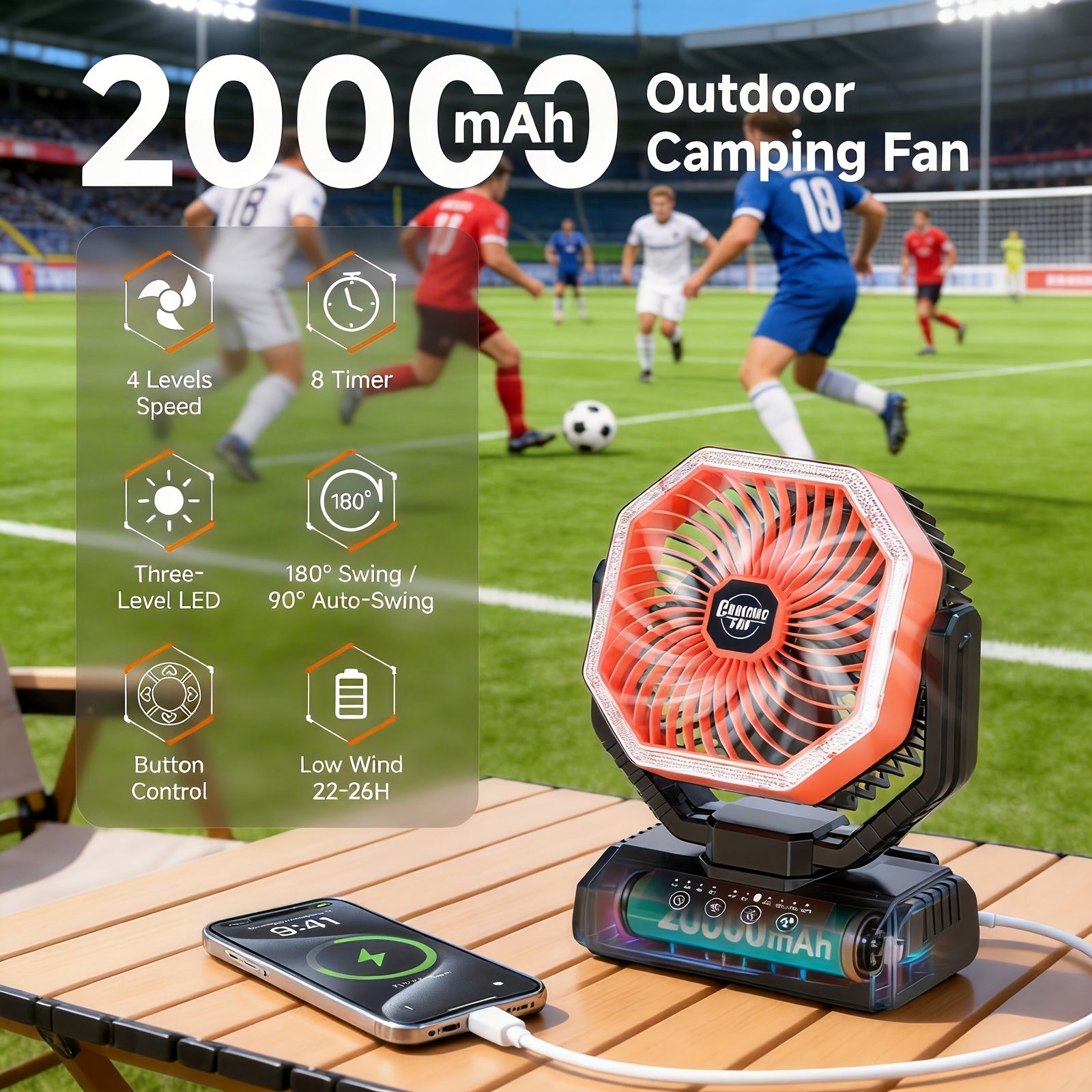 20000mAh Portable Camping Fan 180° Oscillating 4-Speed Brushless Motor LED Light 22-26H Battery USB Rechargeable for Camping Hiking Picnic Emergency Gray Pink Green Black Orange