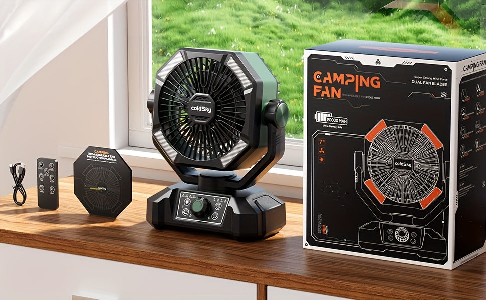 Battery Powered Camping Fan 20000mAh Dual Motor with LED Lantern, 8 Speeds, Remote & Hanging Hook – Tent Fan for Outdoor, RV, Power Outage
