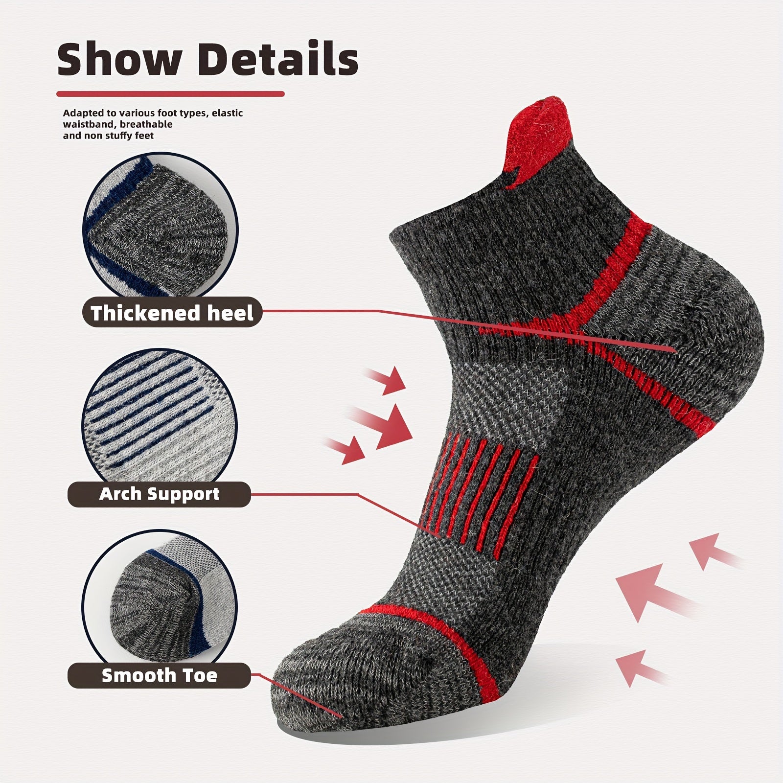 Merino Wool Hiking Ankle Socks 6 Pairs – Low Cut Thick Cushion Sweat-Absorbing Breathable for Running Work Outdoor Men Women M/L
