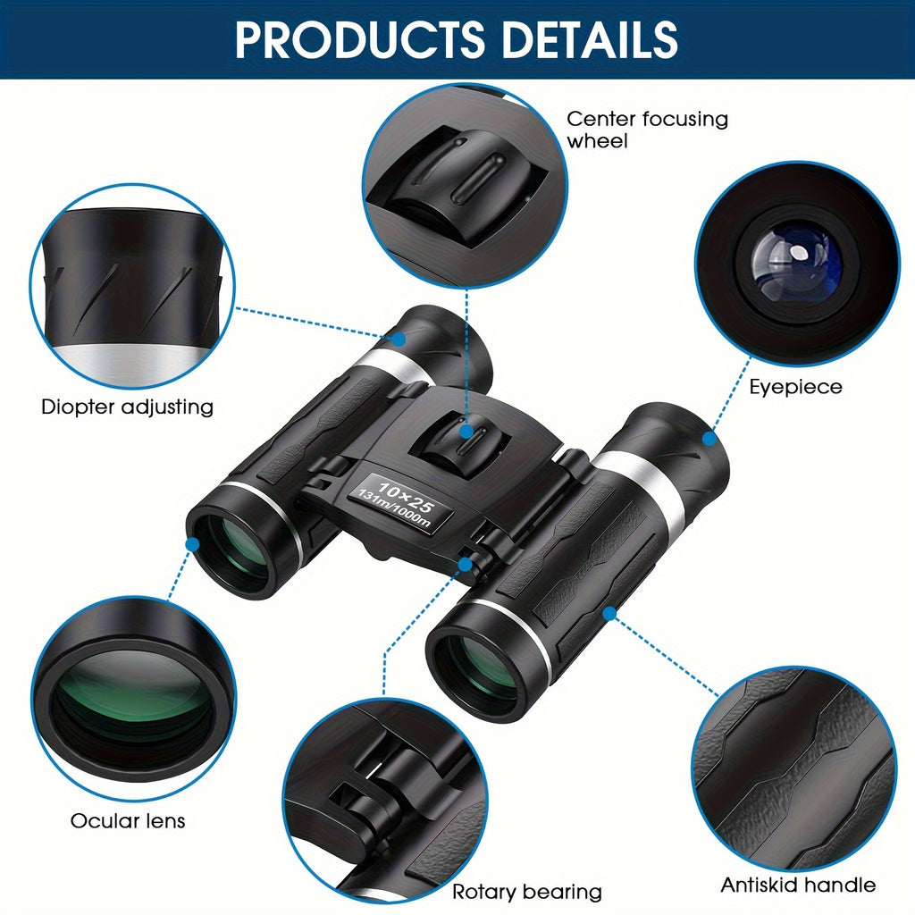 10x25 Compact Binoculars HD High Power Pocket Binoculars with Carrying Case & Neck Strap – Lightweight Durable Optics for Bird Watching Hunting Travel Sports Concerts Hiking