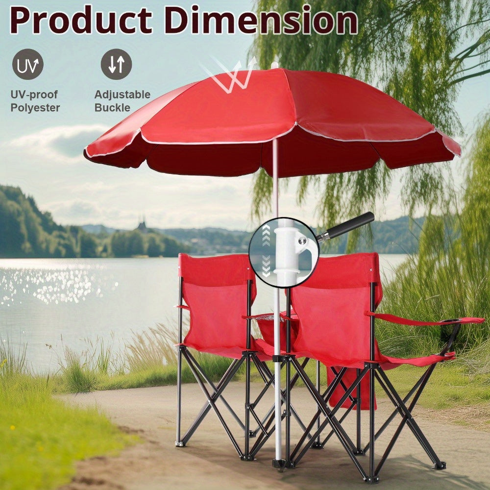 Folding Fishing Chair with Sun Umbrella 2-Seat Portable Outdoor Chair - Iron Alloy Frame Oxford Fabric Beach Patio Camping Chair with Storage Bag - Red Black Grey Blue Coconut Pineapple Pattern