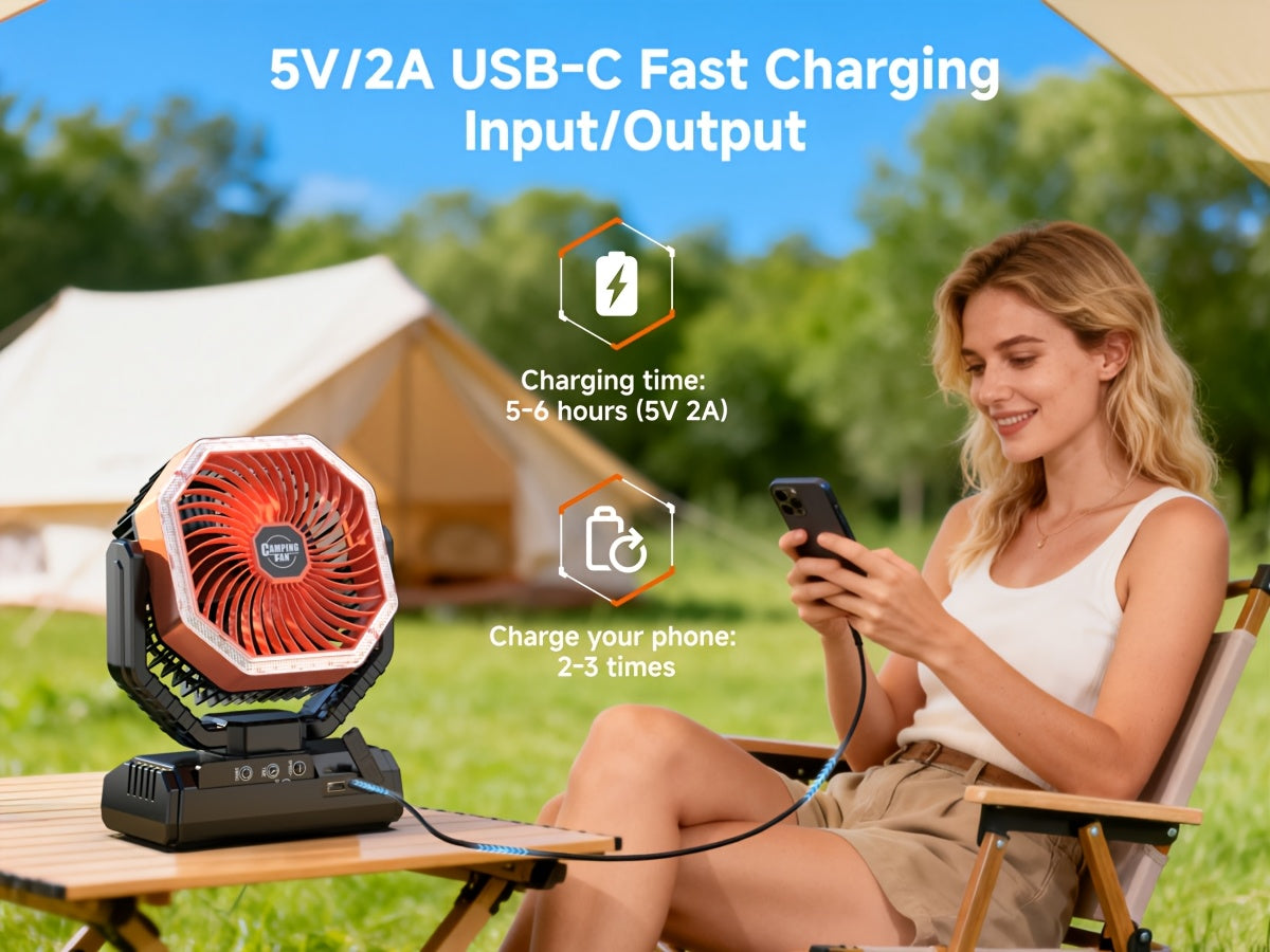 20000mAh Portable Camping Fan 180° Oscillating 4-Speed Brushless Motor LED Light 22-26H Battery USB Rechargeable for Camping Hiking Picnic Emergency Gray Pink Green Black Orange