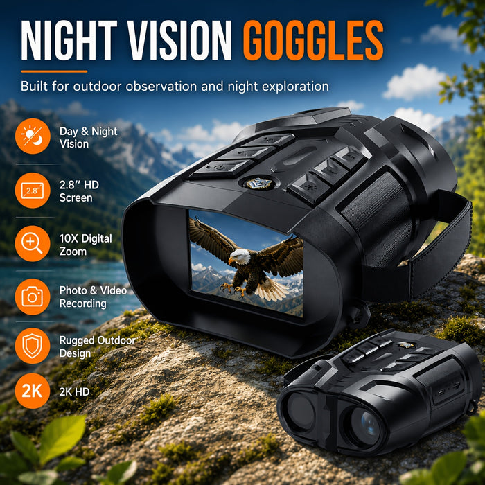 Night Vision Binoculars 2K Ultra HD with 5W IR Illuminator – 10x Zoom 2600ft Range 2.8" IPS Screen Rechargeable Digital Night Vision Goggles for Hunting Camping Security