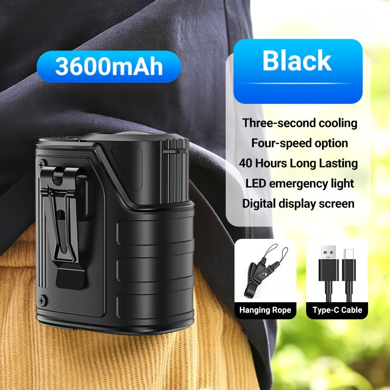 Wearable Fan 4-in-1 Waist & Neck Mounted with Flashlight & USB Charger 3600mAh Rechargeable – Hands-Free Portable Fan for Outdoor Camping Hiking Work