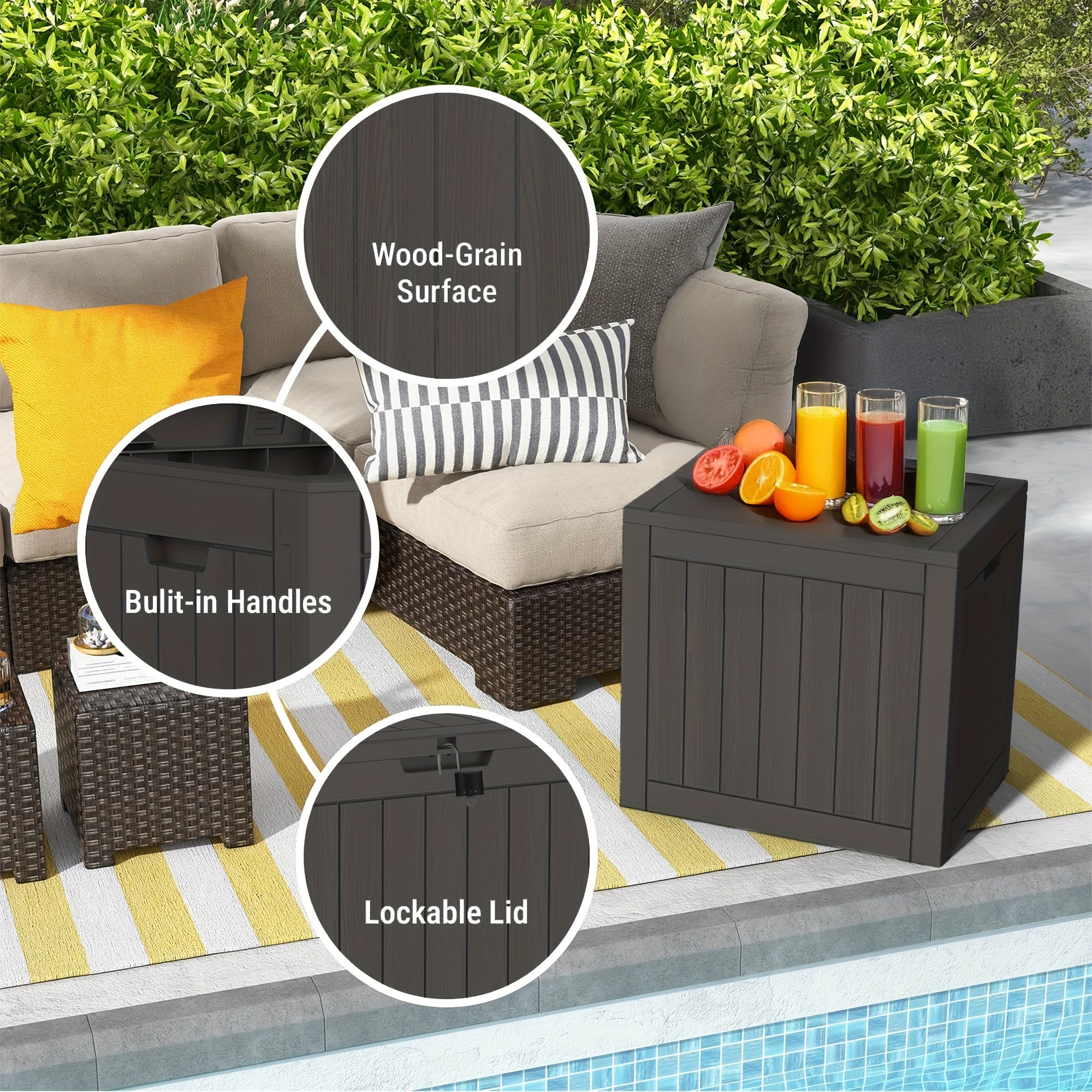 35 Gallon Outdoor Storage Deck Box – UV & Waterproof Lockable Resin Organizer for Patio Furniture, Garden Tools & Toys | Wood Grain & Rattan Style, Indoor Outdoor Use