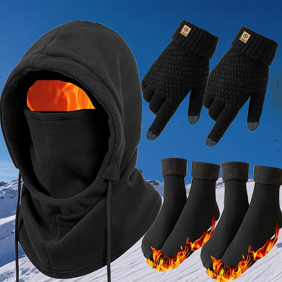 Winter Thermal Set 3 4pcs Face Mask Hat Touchscreen Gloves Fleece Socks Windproof Cold Weather Gear for Men Women – Snowboarding Hiking Ice Fishing Skiing Outdoor Winter Accessories Kit