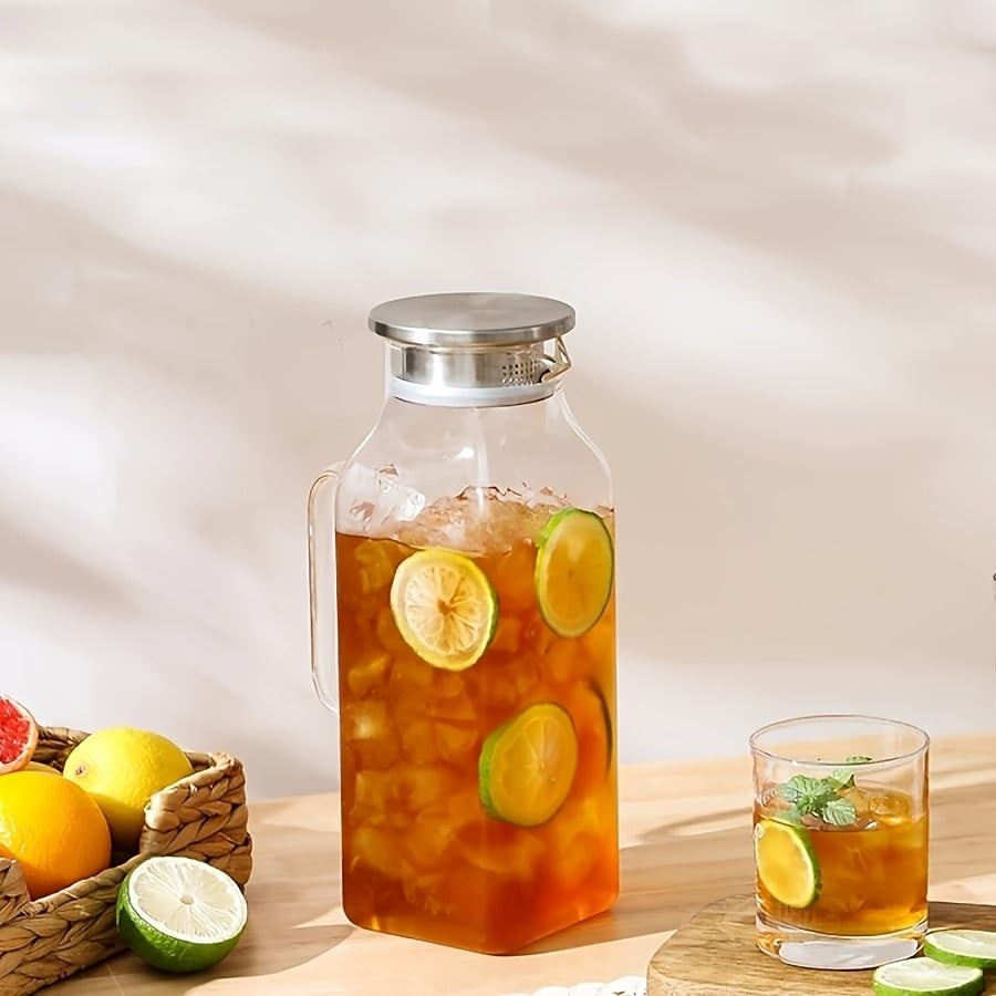 Glass Pitcher with Lid 68oz 2 Pack Square Borosilicate Glass Water Pitcher with Handle Classic Stripes Carafe for Fridge Iced Tea Coffee Cold Hot Brew Large Jug