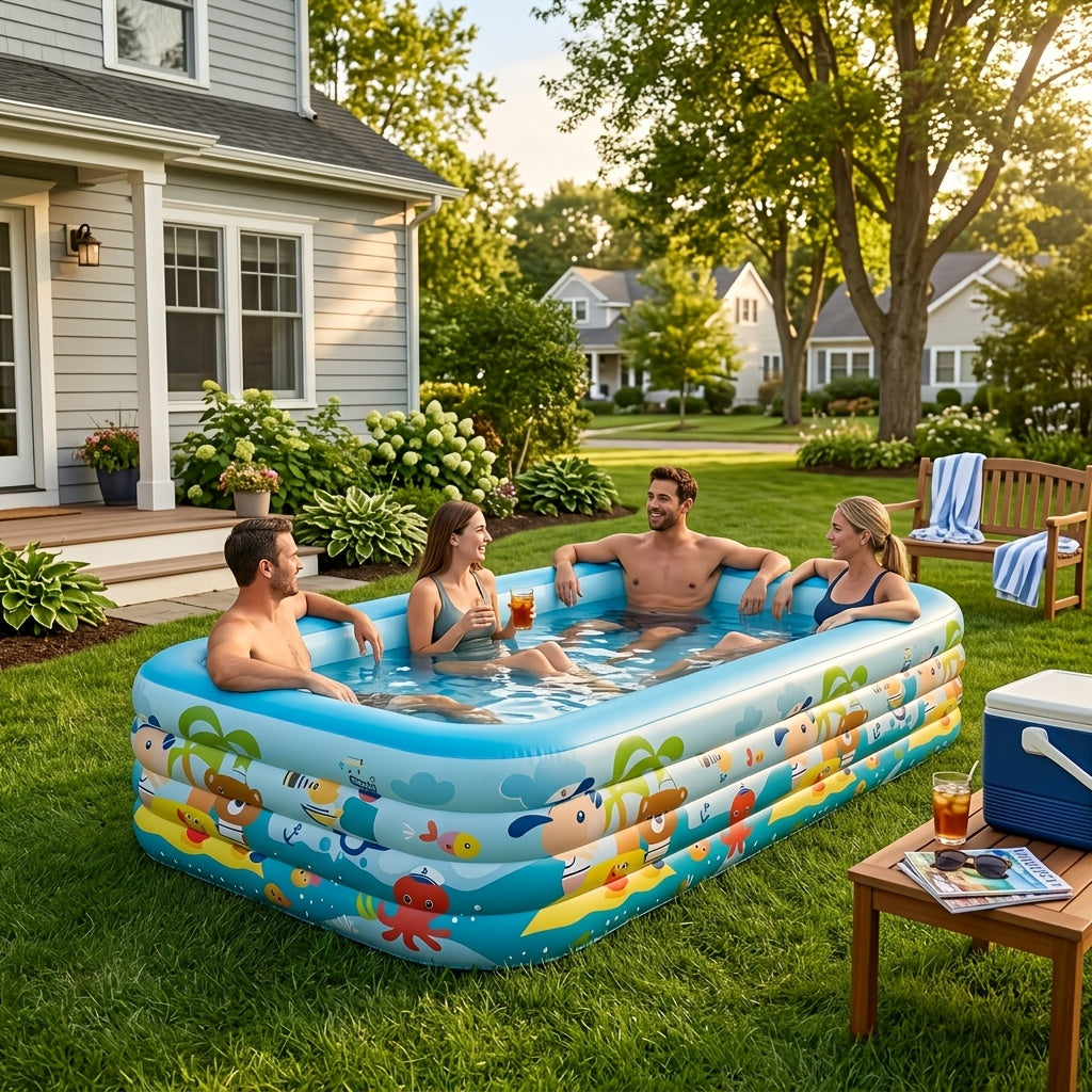 Extra Large Rectangular Inflatable Swimming Pool for Family, Thickened PVC Wear-Resistant Leak-Proof Backyard Pool for 1-6 People, Easy Setup Above Ground Pool for Garden Outdoor Summer Fun