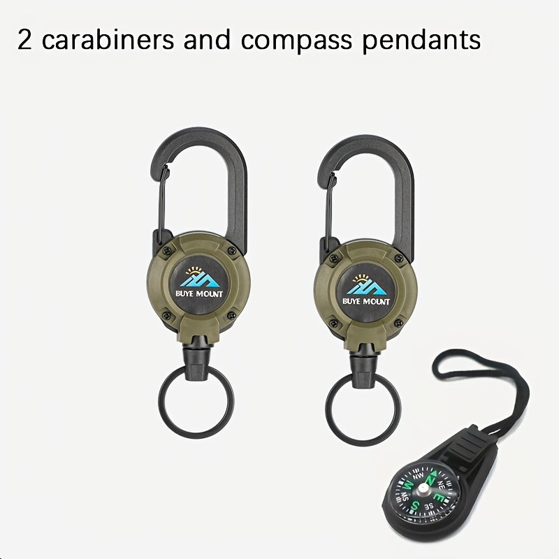 Tactical Retractable Keychain Set with Compass Multi-Tool Badge Clip Heavy Duty Steel Wire Rope Lanyard for Camping Hiking Fishing EDC