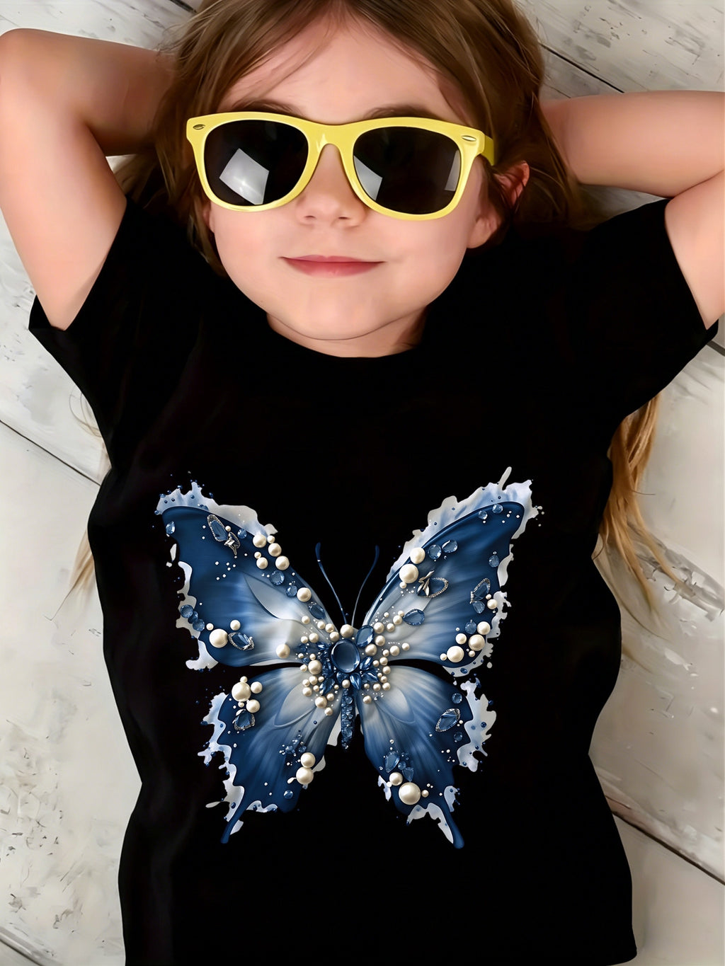 Women's Butterfly Graphic Front Knot T-Shirt – Sparkling Blue Print White Casual Tee for Summer Outings, Vacation, Beach & Everyday Wear | Sizes 3Y–13Y